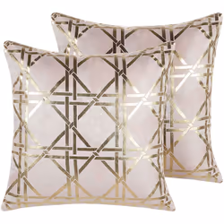 2 coussins décoratifs en tissu rose avec motif géométrique doré 45 x 45 cm. La couleur claire et la finition glamour de ces c ...