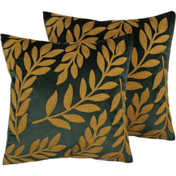 Lot 2 Coussins Décoratifs en Velours Vert Foncé 45 x 45 cm avec Motif Floral Brodé Doré pour Intérieur Glamour Classique ou Traditionnel Beliani