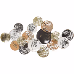 Description générale Cette décoration murale en métal, ornée de cercles dorés, cuivrés et blancs, apporte une touche industri ...