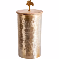 Boîte déco cylindrique en aluminium doré avec couvecle en bois. Un récipient pratique et charmant qui embellira chaque espace ...