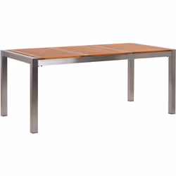 Table d'extérieur. Cette table d'extérieur unique en acier inoxydable et en bois ajoutera une touche de style à votre jardin  ...