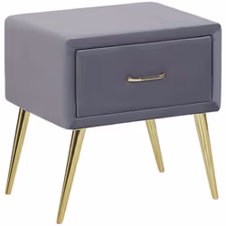 Table de chevet tapissée en velours gris avec tiroir et pieds dorés. Rehaussez le look de votre chambre avec cette table de c ...