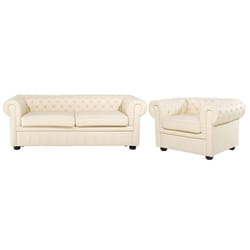 Ensemble canapé et fauteuil en cuir beige crème 4 places CHESTERFIELD