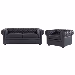 Ensemble canapé et fauteuil en cuir noir 4 places CHESTERFIELD