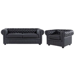 Ensemble canapé et fauteuil en cuir noir 4 places CHESTERFIELD
