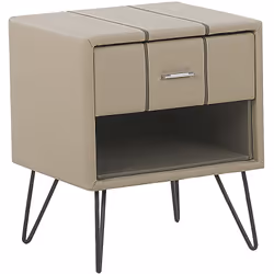 Table de chevet beige avec tiroir pratique. Une table de chevet qui remplit la chambre avec style et classe ! Recouverte de c ...