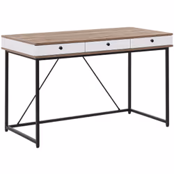 Bureau effet bois clair avec structure en métal noir et 3 tiroirs pratiques. Effet minimaliste et contraste élégant - on appr ...