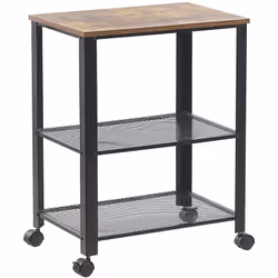 Desserte à roulettes avec plateau effet bois foncé vieilli et pieds noirs. Cette desserte est un meuble multi-usage. Vous pou ...