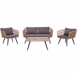 Salon de jardin - canapé 2 fauteuils et table en polyrotin clair . Apportez une ambiance à la fois élégante et rustique à vot ...