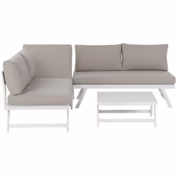 Salon de jardin modulable en aluminium blanc avec coussins taupe et table. Cet ensemble de jardin, composé de deux canapés in ...