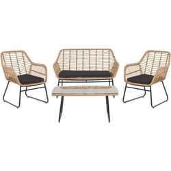 Salon de Jardin 4 Places Banquette Canapé 2 Fauteuils et Table Basse en Rotin Beige et Acier Noir Design Boho Tendance pour Extérieur Beliani