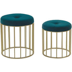 Lot 2 Poufs Gigognes Empilables en Velours Bleu Paon et Structure en Acier Doré Idéals pour Chambre ou Salon au Design Glamour et Moderne Beliani