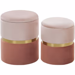 2 poufs coffres de rangement en velours rose avec ceinture dorée. Embellissez votre intérieur avec cet ensemble de poufs rétr ...