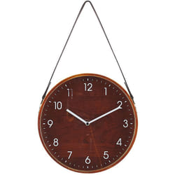 Beliani - Horloge Murale à Suspendre Cadran Rond 26 cm Effet Bois Foncé Chiffres Blanches Sangle d'Accrochage Pratique pour Intérieurs Rétro et Boho