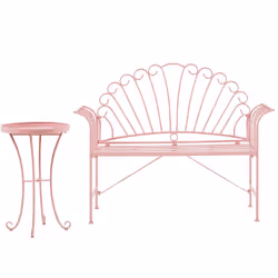 Banc de jardin romantique en métal rose avec table d'appoint assortie . Ajoutez un charme vintage à votre jardin, balcon ou t ...