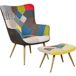Fauteuil avec Repose-pied en Tissu Patchwork Pieds Bois d'Hévéa Style Rétro Vejle ii