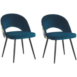 Lot 2 Chaises Tapissées en Velours Bleu Motif Floral avec Pieds Obliques en Métal Noir Design Scandinave et Glamour pour Salle à Manger Beliani