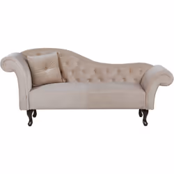 Canapé méridienne au style chesterfield en velours beige. Élégante, originale et extrêmement confortable ! Cette chaise longu ...