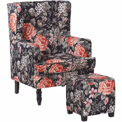 Fauteuil bergère noir au motif floral multicolore élégant et repose-pieds. Transformez le décor de votre salon sans effort av ...
