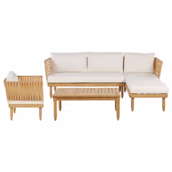 Salon de jardin - canapé d'angle fauteuil et table basse en bois d'acacia. Assurez-vous que vous et vos invités vous asseyez  ...