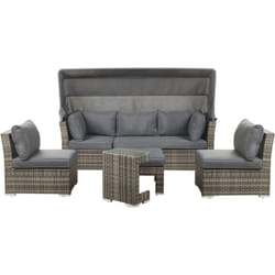 Salon de Jardin Modulable Divan Lounge Canapé avec Toit Pare-soleil 2 Fauteuils et Pouf Ottoman en Rotin PE Marron avec Coussins Gris Inclus Beliani