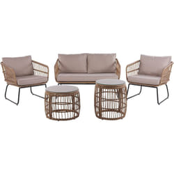 Salon de Jardin en Rotin Naturel Clair 3 Fauteuils et 2 Tables Rondes 4 Places Boho et Rustique Ravello