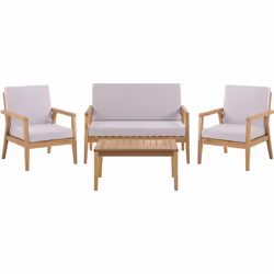 Salon de jardin - canapé avec 2 fauteuils et table en bois coussins gris. Profitez du beau temps en plein air avec cet ensemb ...