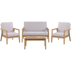 Salon de Jardin Canapé Banquette 2 Fauteuils et Table Basse en Bois d'Acacia avec Coussins Dehoussables Gris Mobilier Elégant et Pratique Beliani