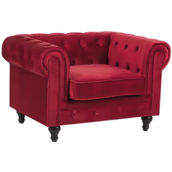 Fauteuil en velours rouge foncé au style anglais classique. Ce somptueux fauteuil Chesterfield en velours rouge foncé de haut ...