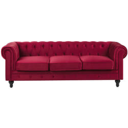 Beliani - Canapé 3 Places en Velours Rouge Assise Rembourrée Large Dossier Points Chesterfield