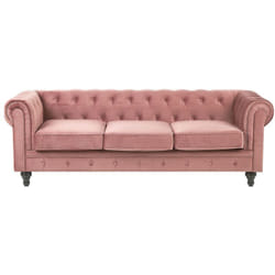 Canapé 3 Places en Velours Rose Assise Rembourrée Large Dossier Points Chesterfield