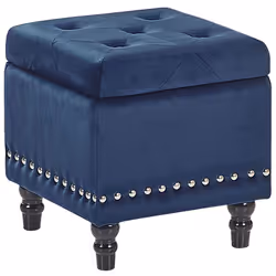 Petit tabouret avec coffre en velours bleu foncé. Ce pouf au design classique, reposant sur des pieds en bois massif, s'intèg ...