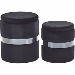 2 poufs coffres de rangement en velours noir avec ceinture argentée. Cet ensemble de 2 pièces ajoute une touche élégante à vo ...