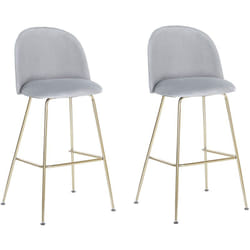 Lot de 2 Chaises Hautes de Bar Rembourrées en Velours Gris avec Pieds en Acier Doré Idéales pour Cuisine ou Salon au Style Glamour et Rétro Beliani