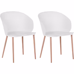 Lot de 2 chaises design en plastique blanc avec pieds effet bois. Un ensemble de chaises de salle à manger pratiques est indi ...