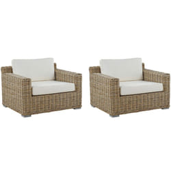 Lot de 2 Fauteuils de Jardin en Rotin Marron avec Coussins Blanc Cassé pour Extérieur au Style Boho et Oriental Beliani