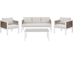 Salon de Jardin ou Terrasse 5 Places Canapé 2 Fauteuils Spacieux et Table Basse en Aluminium Blanc Marron avec Coussins Beliani