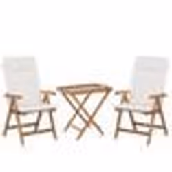 Set de terrasse table et 2 chaises en bois clair coussins blanc cassé JAVA