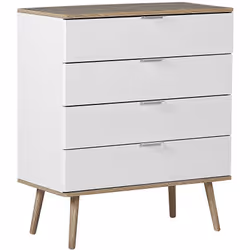 Commode au style scandinave blanche avec 4 tiroirs spacieux et pieds en bois. Cette commode est un choix parfait si vous rech ...