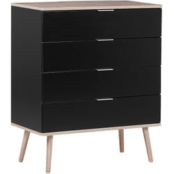 Commode 4 Tiroirs Spacieux Noirs avec Pieds Obliques en Bois Clair Meuble de Rangement Pratique pour Chambre ou Salon Scandinave et Rétro Beliani
