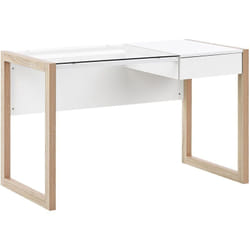 Bureau avec Plateau en Verre de Sécurité et Piétement Effet Bois Clair et Blanc et Tiroir Pratique Design Moderne et Scandinave Beliani