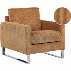 Fauteuil au style rétro en velours côtelé avec piétement argent chromé. Ce fauteuil est doté d'une structure robuste, reposan ...