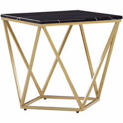 Bout de canapé carré 50 x 50 cm à plateau effet marbre noir et pied doré. Cette table d'appoint de style mid-century s'harmon ...