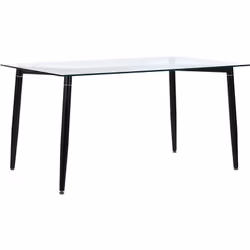 Table de salle à manger avec plateau en verre transparent et pieds noirs. Apportez une touche contemporaine à votre intérieur ...