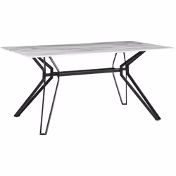 Table de repas design avec plateau effet marbre et pieds métalliques noirs. Boostez instantanément le look de votre salle à m ...