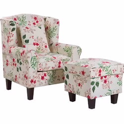Fauteuil en tissu beige crème à motif floral avec repose-pieds HAMAR
