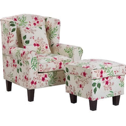 Fauteuil en tissu beige crème à motif floral avec repose-pieds HAMAR