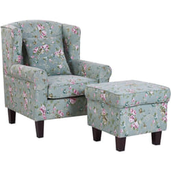Fauteuil Bergère en Tissu Vert Motif Floral Multicolore avec Repose-pied Assorti Confortable pour Salon ou Coin Lecture Traditionnel Beliani