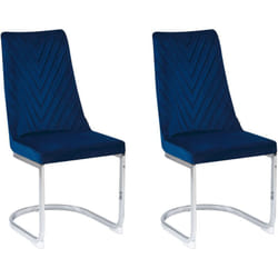 2 Chaises de Salle à Manger ou Réunion Porte à Faux en Velours Bleu et Piètement Argent Chromé pour Cuisine ou Salon Moderne Glamour Beliani