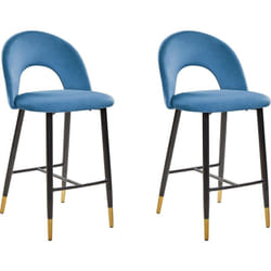2 Tabourets Chaises Hautes de Bar en Velours Bleu Pieds Noirs et Dorés Design et Confort pour Cuisine ou Salon Rétro et Glamour Beliani